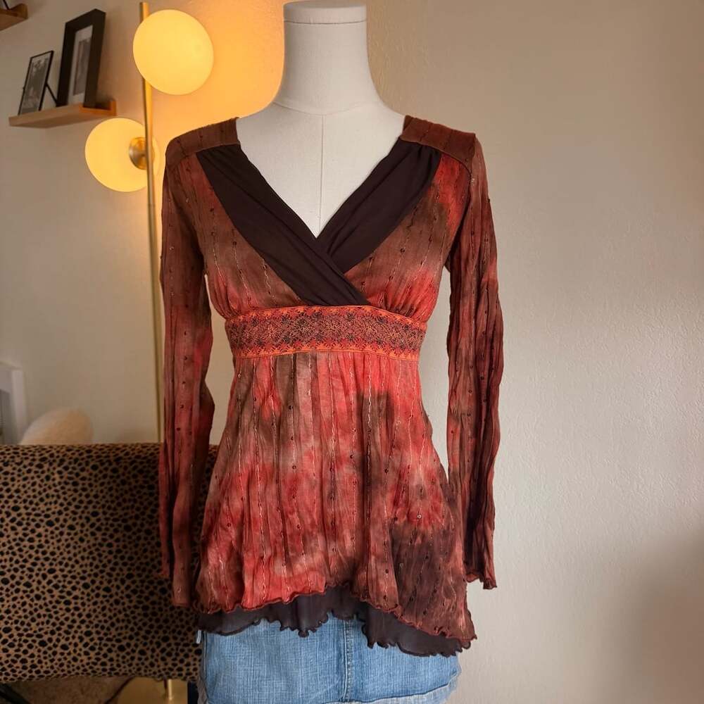 Fashion Bug Blouse Size S Brown Orange Sequined Y2K Boho Fairy Top